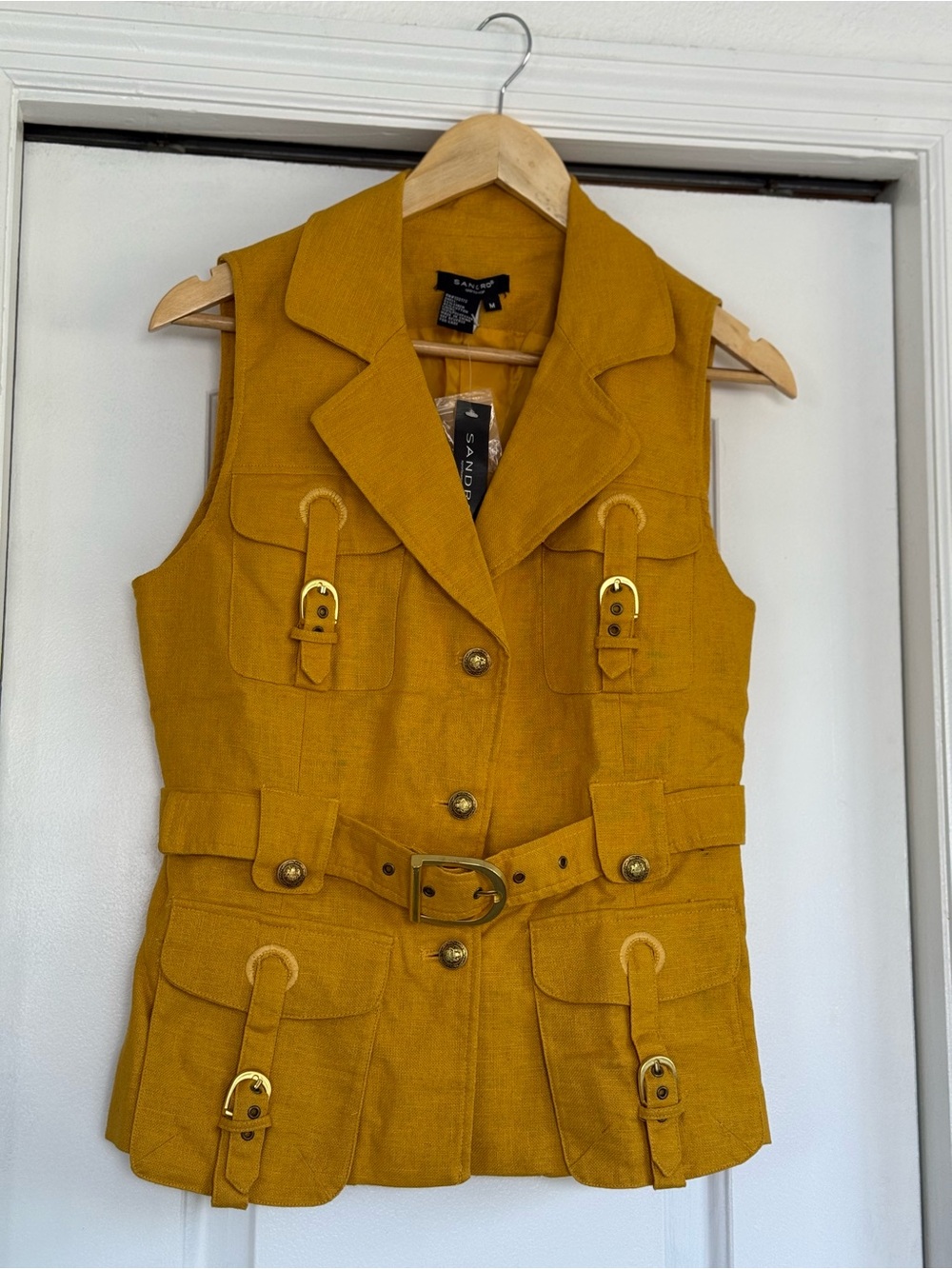 Sandro Golden Yellow Sleeveless Utility Vest with Buckle Details